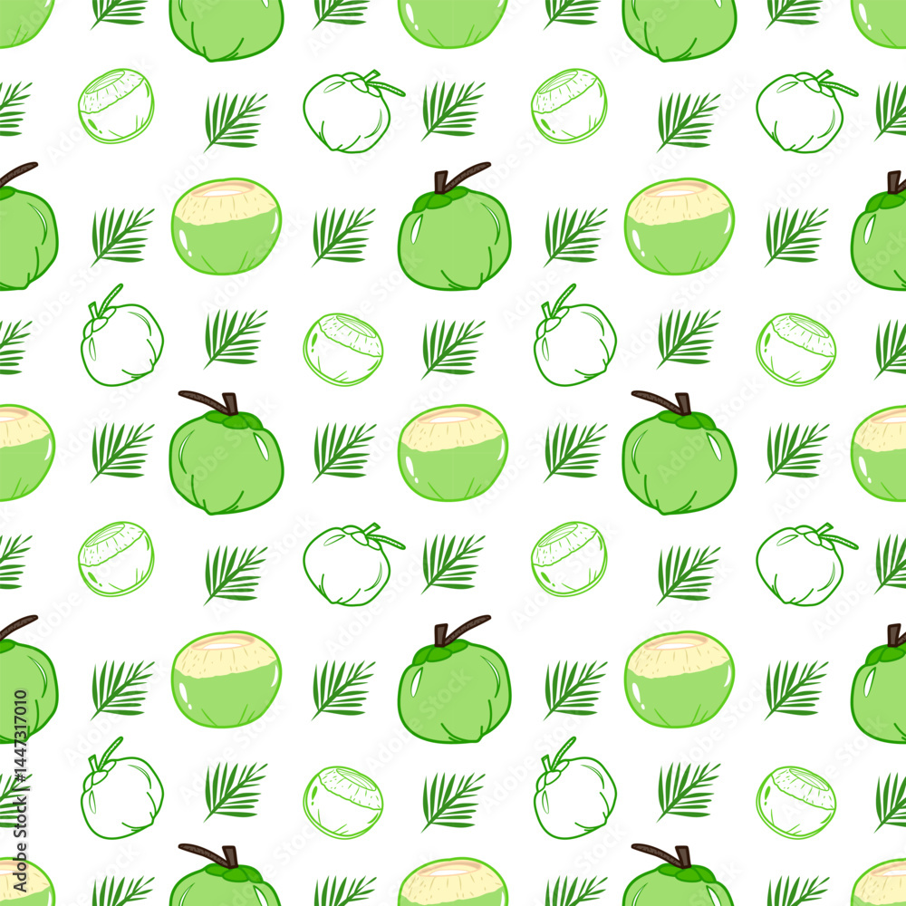 Fresh Green Coconut Pattern: Seamless Repeat Design Featuring Whole and Cross-Sectional Coconuts with Palm Fronds on a White Backdrop, Perfect for Textiles, Packaging, and Tropical Themes Fresh Green Coconut Pattern: Seamless Repeat Design Featuring Whole and Cross-Sectional Coconuts with Palm Fronds on a White Backdrop, Perfect for Textiles, Packaging, and Tropical Themes