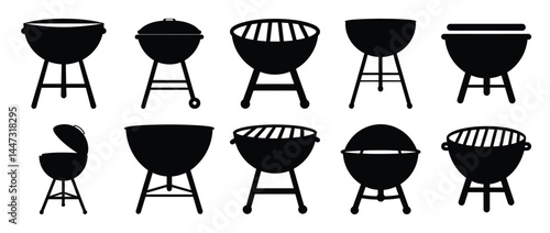Collection of Various Black Silhouettes of Grills and Barbecues for Outdoor Cooking