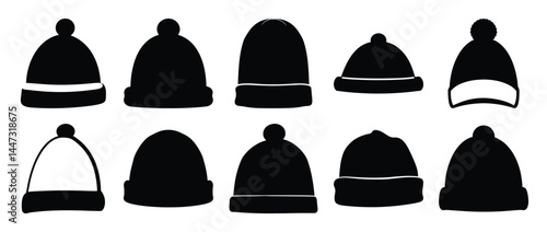 Collection of Ten Stylish Winter Beanies Hats Vector Silhouettes