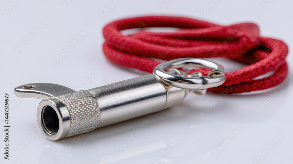 Small, metallic cylindrical object with red cord