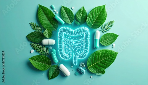 A glowing intestine illustration surrounded by green leaves and assorted pills on a blue background, symbolizing gut health and natural supplements.