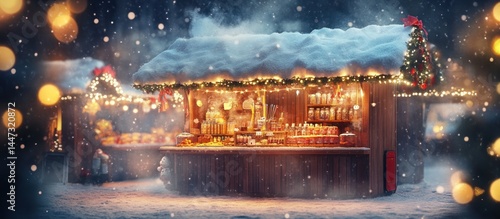 Enchanting Christmas Market Stall in Snowy Winter Wonderland