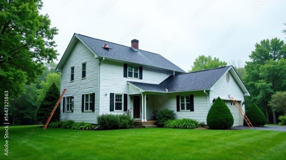 A person sits atop a newly installed dark gray roof of a white two-story suburban home with black window shutters and attached garage