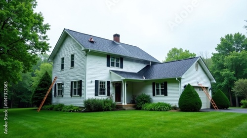 Obraz na płótnie A person sits atop a newly installed dark gray roof of a white two-story suburban home with black window shutters and attached garage w salonie