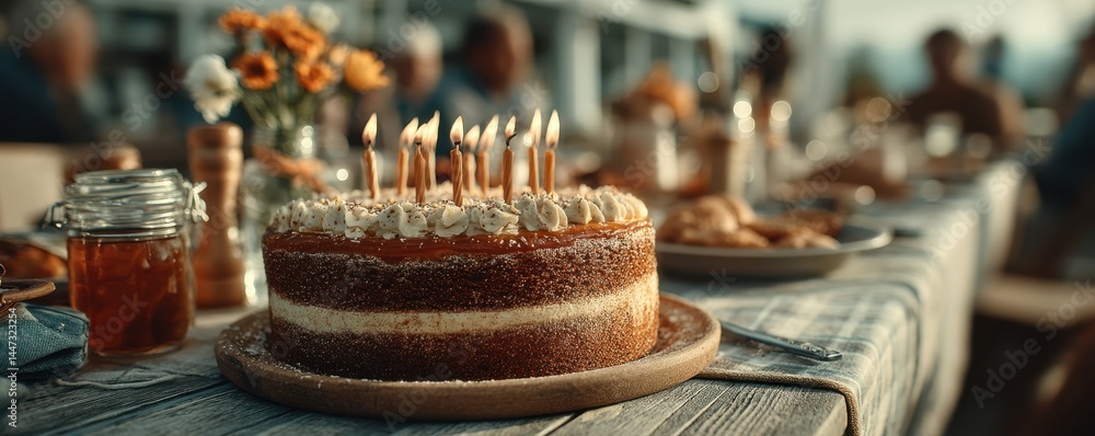 A small, round birthday cake with candles on top sits in the center of an empty table surrounded by party decorations and people sitting around it. A small, round birthday cake with candles on top sits in the center of an empty table surrounded by party decorations and people sitting around it.