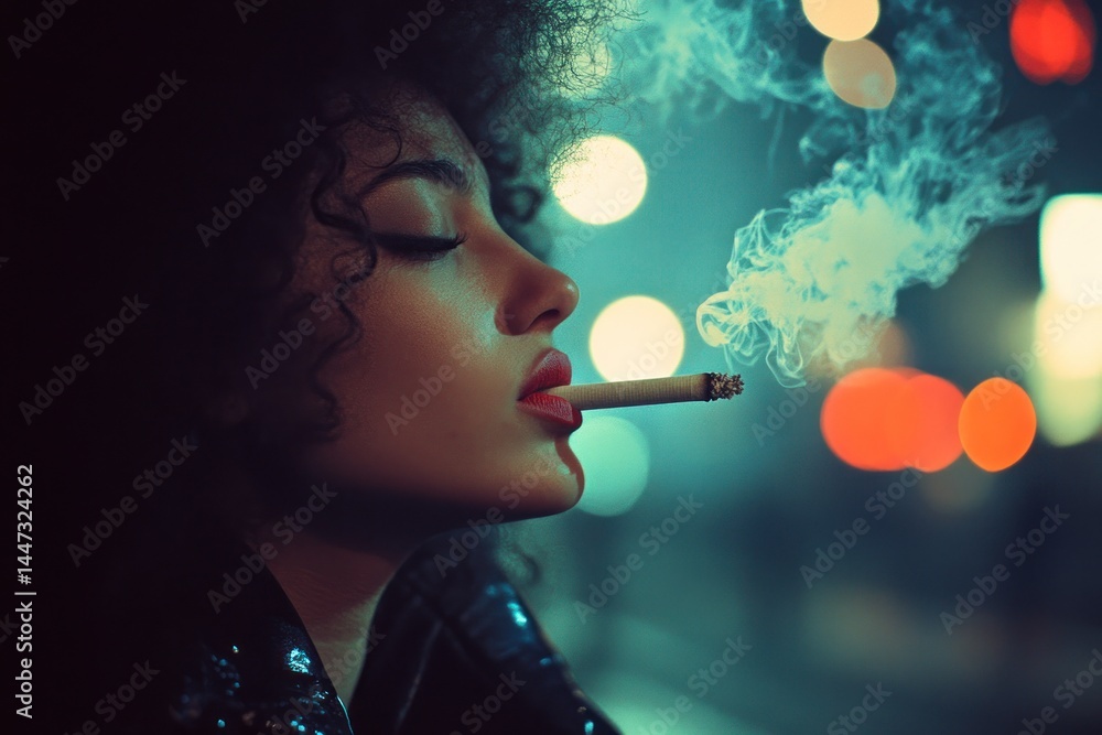 Fototapeta premium Night City Smoke: A Woman's Silhouette in the Urban Glow