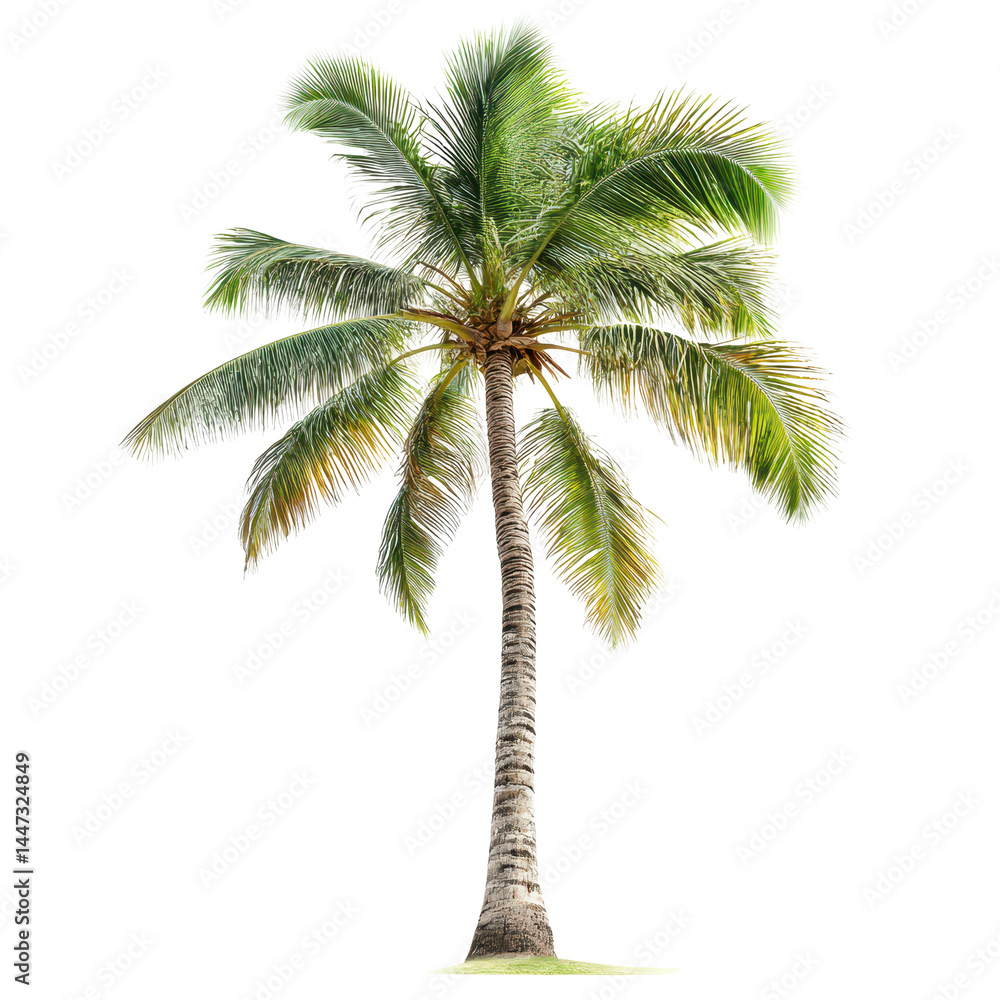 Obraz premium Tall palm tree with lush green fronds swaying in the gentle breeze at a tropical beach setting during daylight hours