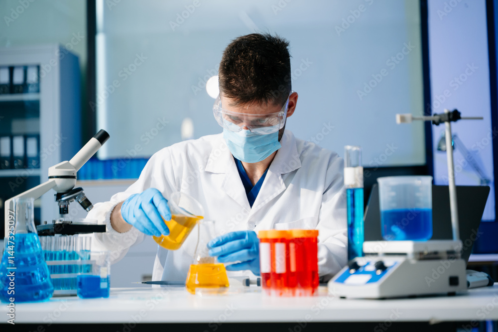 Naklejka premium Scientists, beakers, and microscopes in cutting-edge research. Perfect for science and technology projects.