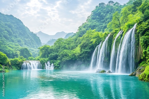 Serene Waterfall Landscape: Lush Greenery and Turquoise Waters