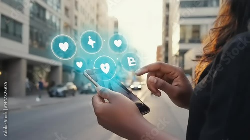 Urban woman using a smartphone with social media icons