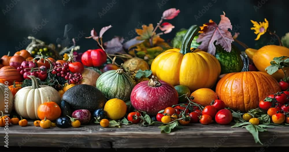 Vibrant assortment of seasonal fruits and vegetables arranged beautifully on a rustic table Vibrant assortment of seasonal fruits and vegetables arranged beautifully on a rustic table