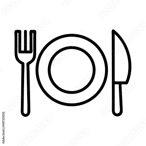 “Empty Plate with Fork and Knife Icon – Dining, Food, Restaurant, Minimal Line Vector, Editable Stroke”
