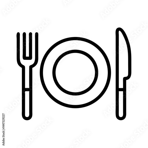 “Empty Plate with Fork and Knife Icon – Dining, Food, Restaurant, Minimal Line Vector, Editable Stroke”