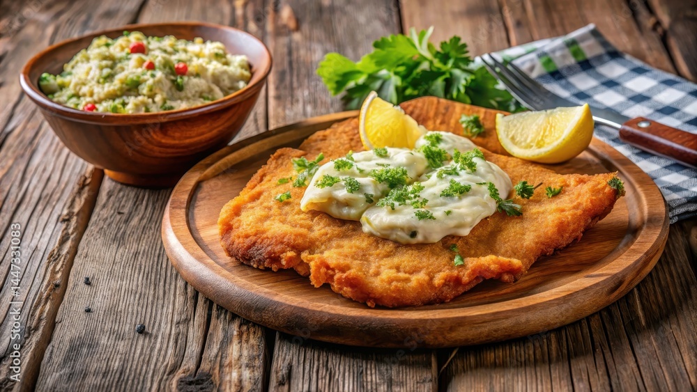 Crispy Wiener schnitzel on a wooden plate, served with creamy potato salad and garnished with fresh parsley, all on a rustic wooden background, crispy breaded cutlet, mealtime Crispy Wiener schnitzel on a wooden plate, served with creamy potato salad and garnished with fresh parsley, all on a rustic wooden background, crispy breaded cutlet, mealtime