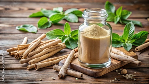 Wallpaper Mural Ashwagandha root and powder in a glass bottle on a wooden table with herbs and spices, surrounded by natural light, health benefits, wellness Torontodigital.ca