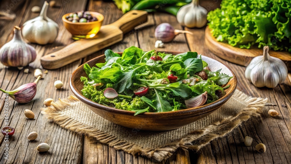 Fresh green salad with garlic and herbs on a rustic wooden table, surrounded by natural light and earthy tones, nature, garlic Fresh green salad with garlic and herbs on a rustic wooden table, surrounded by natural light and earthy tones, nature, garlic