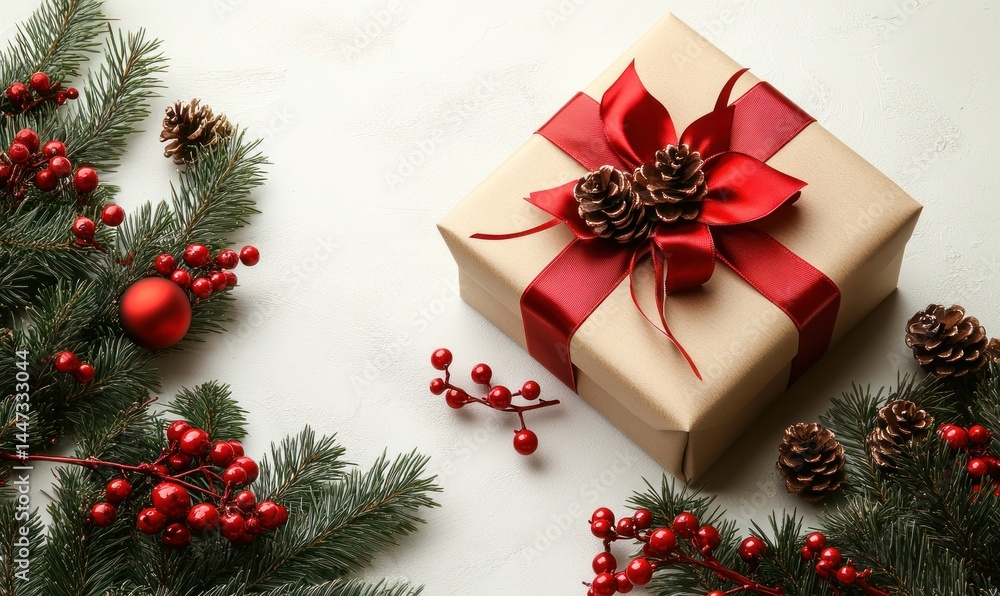 custom made wallpaper toronto digitalChristmas Gift Decorated With Red Ribbon Pine Cones And Berries