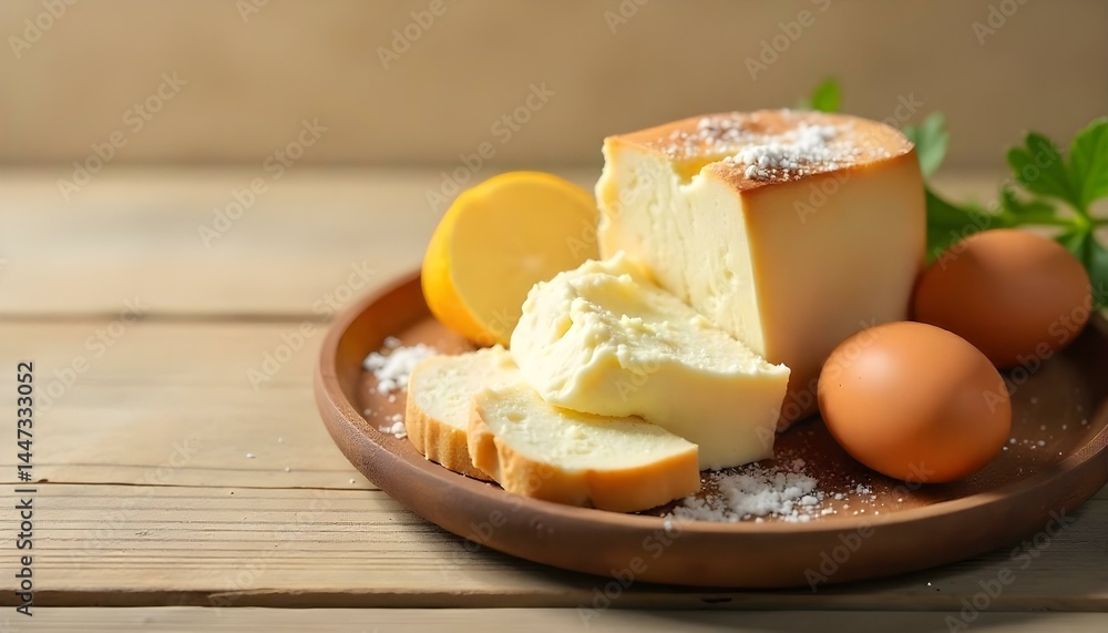 Fototapeta premium tasty organic dairy products and eggs on rustic wooden table isolated on beige