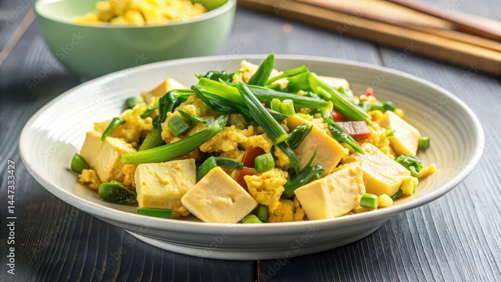 Sliced tofu and scrambled egg stir fry with Chinese greens on a simple white plate, garnished with sliced scallions and served in a steaming hot bowl , stir fry, vegetable dish Sliced tofu and scrambled egg stir fry with Chinese greens on a simple white plate, garnished with sliced scallions and served in a steaming hot bowl , stir fry, vegetable dish