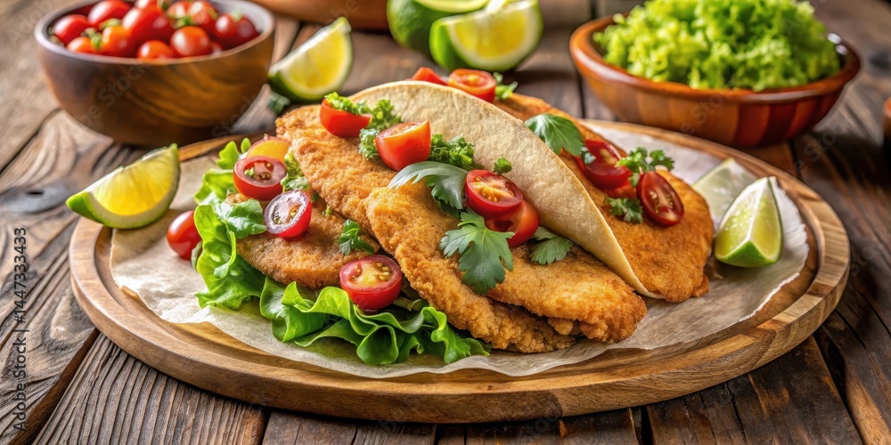 Crispy battered fish laid on a wooden platter garnished with shredded lettuce Crispy battered fish laid on a wooden platter garnished with shredded lettuce