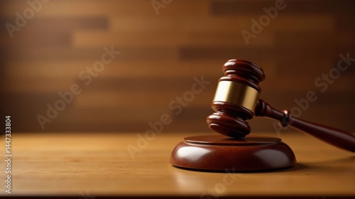 Wallpaper Mural A Gavel Rests on a Polished Wooden Surface Against a Rich Brown Wooden Background Torontodigital.ca