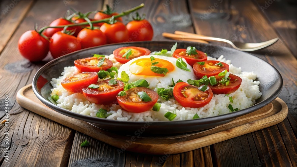 Steaming plate of stir-fried tomatoes, eggs, and rice , savory dish, dinner Steaming plate of stir-fried tomatoes, eggs, and rice , savory dish, dinner