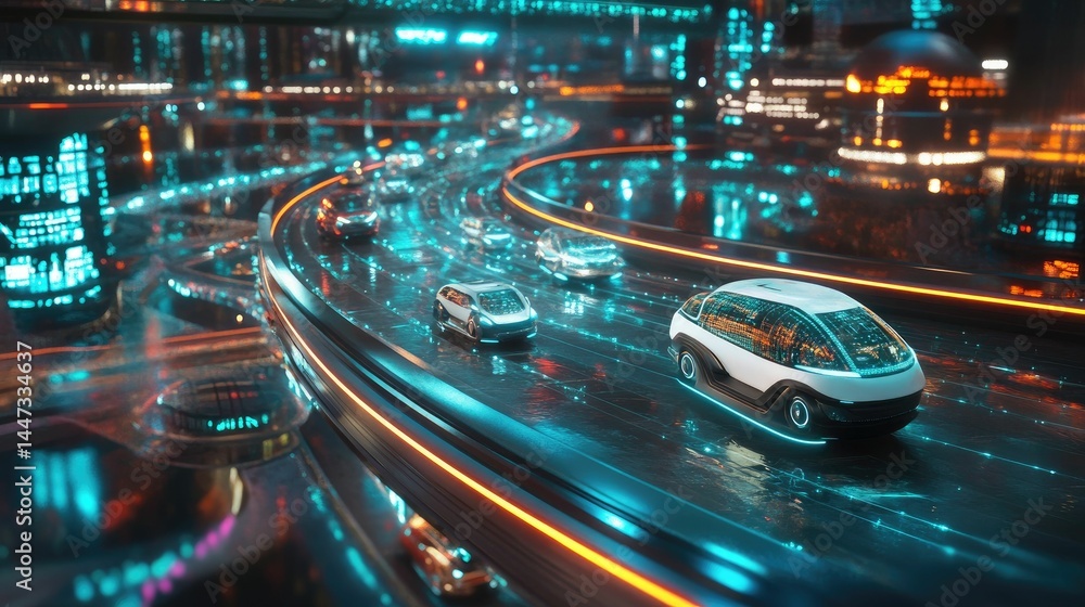 Fototapeta premium Futuristic vehicles navigate glowing city roadway.