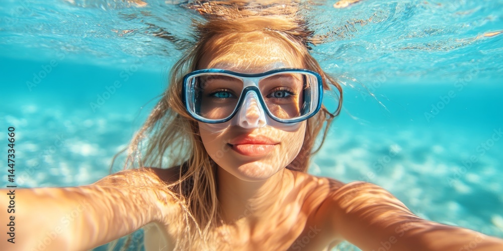 Naklejka premium Beautiful Young Woman Snorkeling, Enjoying the Underwater World in Tropical Paradise