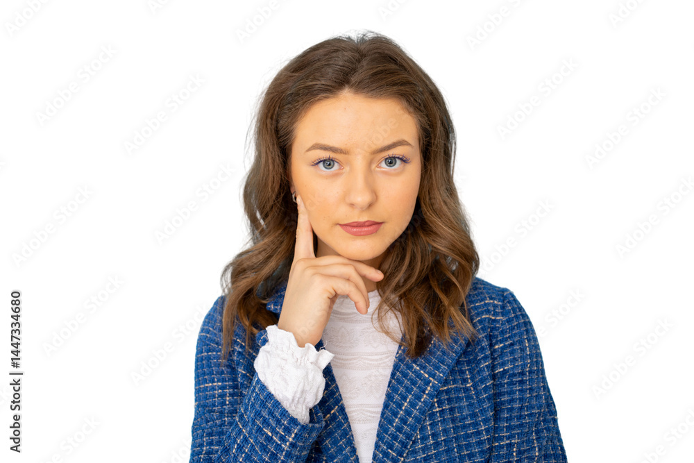 Professional female executive deep in thought, hand resting on chin against neutral backdrop Professional female executive deep in thought, hand resting on chin against neutral backdrop