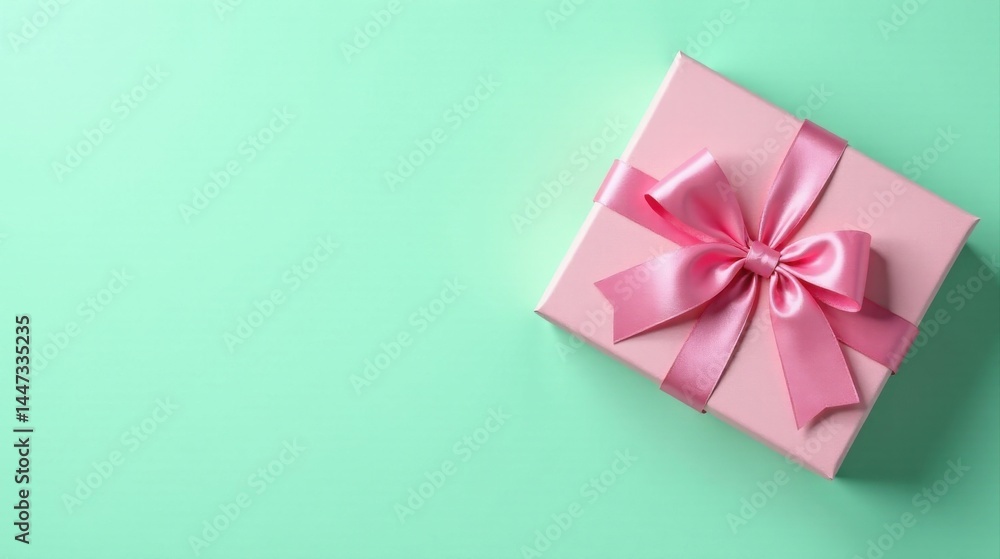 A delicately tied pink ribbon adorns a pastel pink gift box, resting on a soft mint green background, conveying a sense of elegance and thoughtful celebration. A delicately tied pink ribbon adorns a pastel pink gift box, resting on a soft mint green background, conveying a sense of elegance and thoughtful celebration.