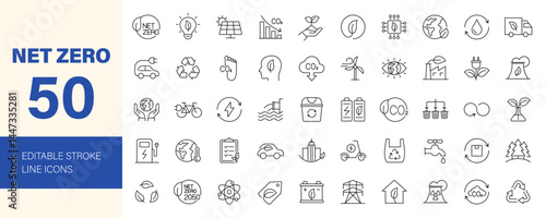 Net Zero icon set. Containing ECO, ecology, environment, recycling, green energy, organic, solar energy, green city, CO2 neutral and more. Editable line icons. Vector illustration.
