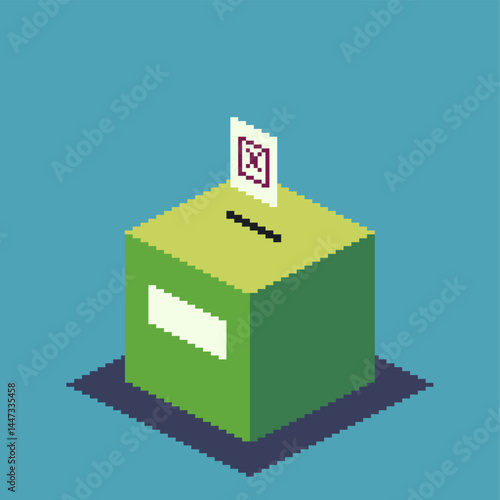 Isometric view Green Election Ballot on Blue Backdrop, Pixel Art Style Illustration