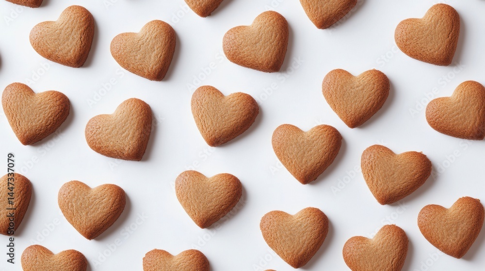Fototapeta premium Flat lay of multiple heart-shaped cookies arranged on white background.