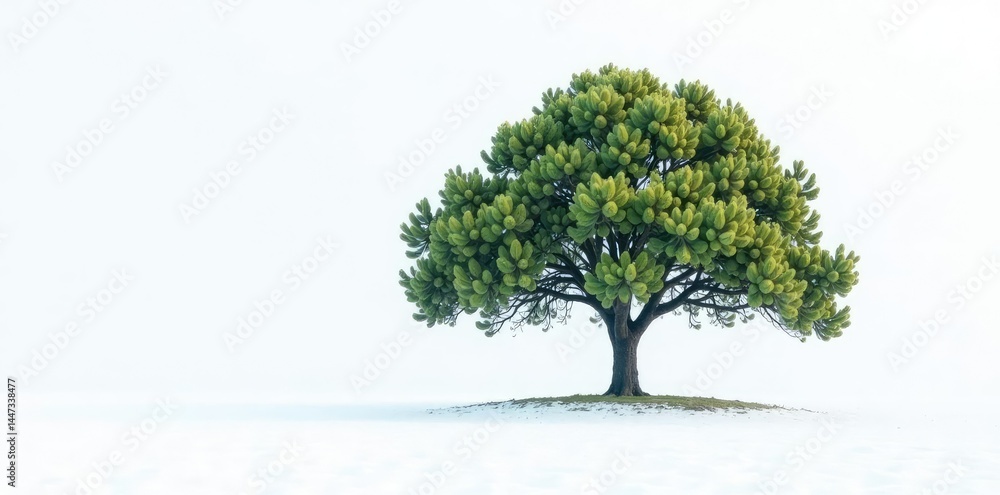 Dense foliage surrounds a solitary tree on a snowy background, white background, branches, peaceful Dense foliage surrounds a solitary tree on a snowy background, white background, branches, peaceful