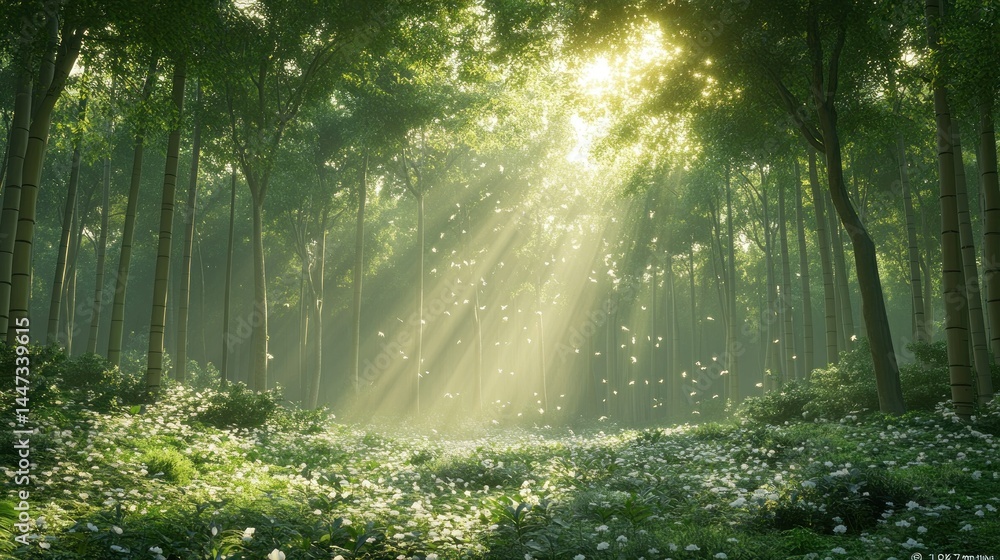 Obraz premium Sunbeams pierce a lush, tranquil forest filled with white flowers