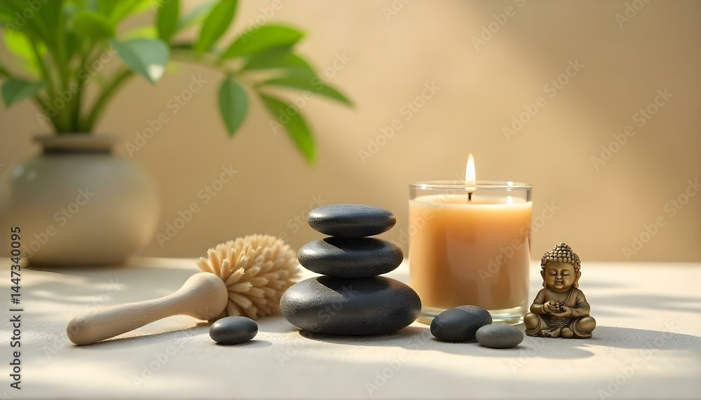 Obraz premium spa cosmetics, stones, massage brush, candle, Buddha figurine on beige surface isolated on grey