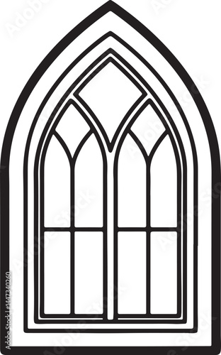 gothic window line art, black outline, vector and illustration, coloring book page line art drawing