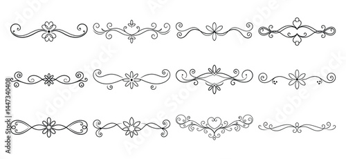 Text delimiters and scroll elements, Graphic underline elements, Vintage divider, vector illustration border, graphic elements