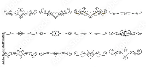 Text delimiters and scroll elements, Graphic underline elements, Vintage divider, vector illustration border, graphic elements