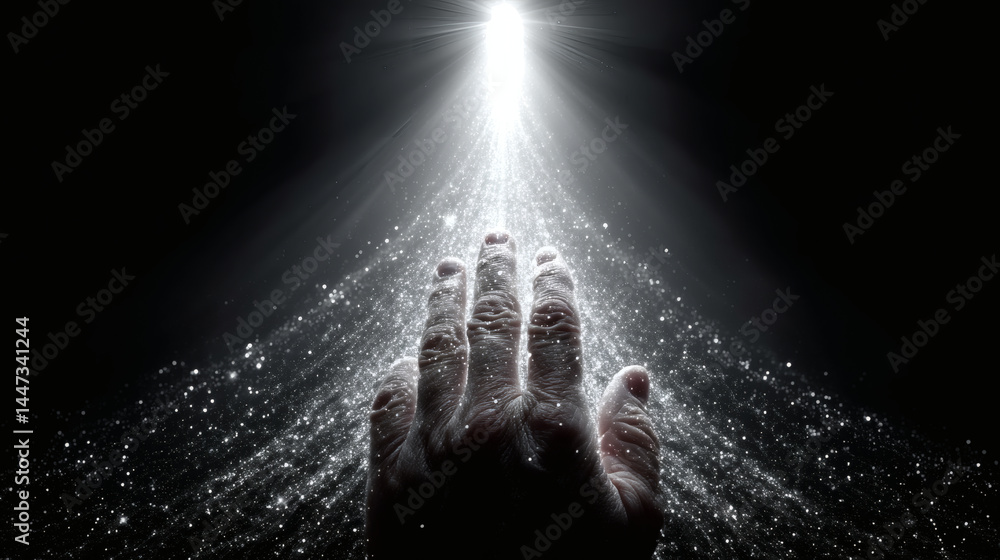 Obraz premium Hand Reaching Toward Bright Light in Dark Space with Sparkles