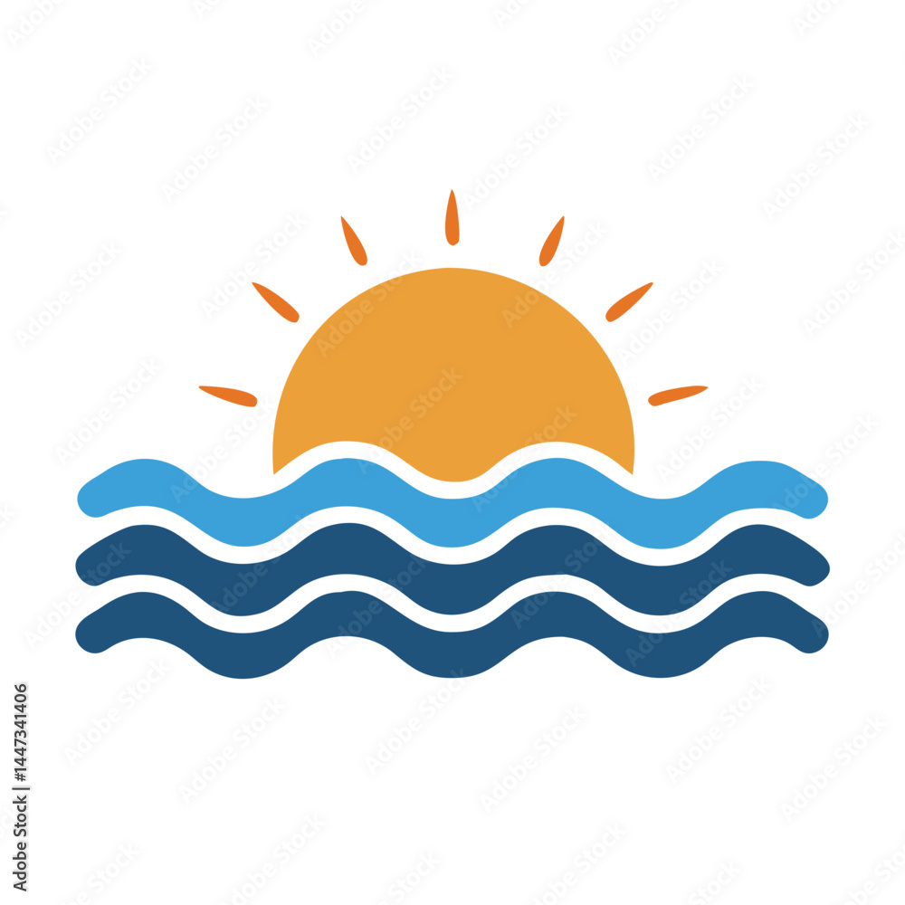 Ocean Waves with Rising Sun Icon Representing Nature, Sunrise, and Tranquil Scenery Ocean Waves with Rising Sun Icon Representing Nature, Sunrise, and Tranquil Scenery