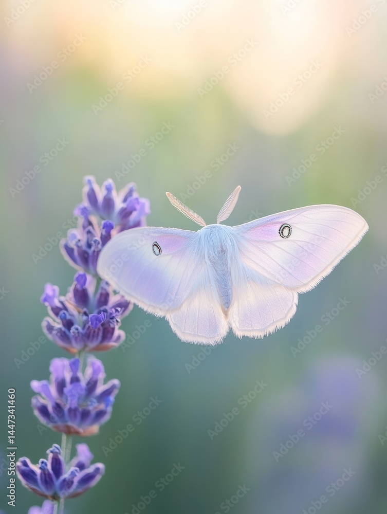 Fototapeta premium Pastel Moth Resting on Lavender in Soft Light 