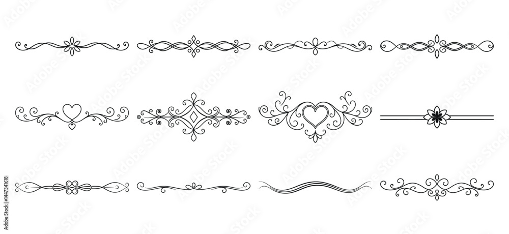 Obraz premium Text delimiters and scroll elements, Graphic underline elements, Vintage divider, vector illustration border, graphic elements