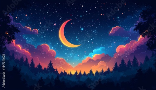 A computer generated image of a night sky with a large orange moon