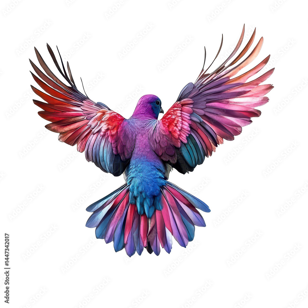 Obraz premium Vibrant bird soaring with colorful wings against a white background on a bright day