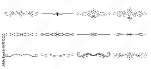 Text delimiters and scroll elements, Graphic underline elements, Vintage divider, vector illustration border, graphic elements