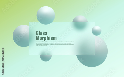 Minimalistic vector illustration with soft gradient background, 3D spheres and translucent matte panel. Glass morphism style.