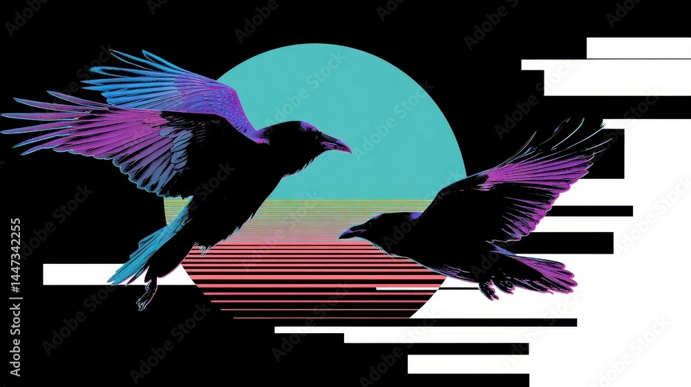 Naklejka premium Vibrant Ravens in Motion