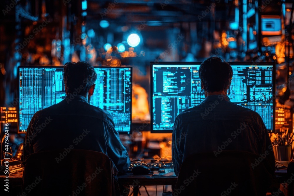 Two people work in a dark room, analyzing code and data on multiple computer screens filled with blue, glowing text. Two people work in a dark room, analyzing code and data on multiple computer screens filled with blue, glowing text.