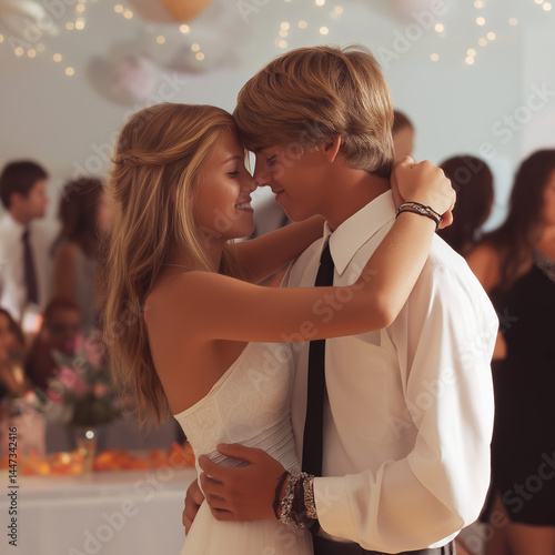 romantic moment of a teenage couple dancing closely at a homecoming dance, surrounded by soft lights and smiling friends—ideal for themes of young love, prom, school events, or teen romance